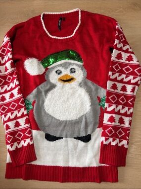 Razzle Dazzle Christmas Penguin Ugly Holiday Sweater Sequins M